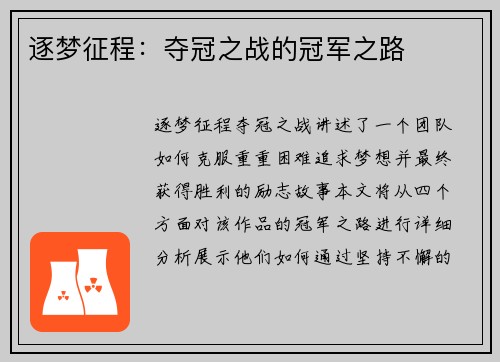 逐梦征程：夺冠之战的冠军之路
