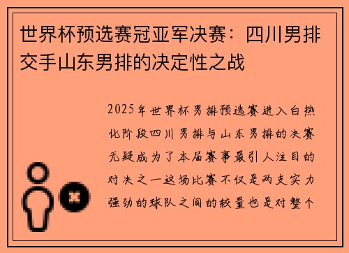 世界杯预选赛冠亚军决赛：四川男排交手山东男排的决定性之战